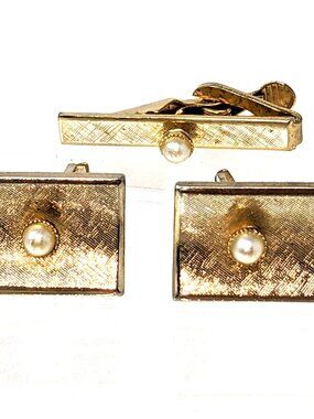 Vintage Pearl Gold tone Cufflinks and Tie Clip Set Etched Textured Retro MCM